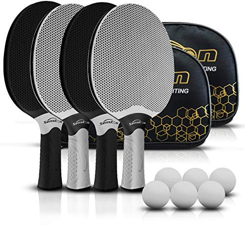 Senston Tischtennisschlägerset, professionelles Tischtennis-Paddel-Set für 4 Spieler, Ping-Pong-Paddel aus Verbundgummi, Spiele im Innen- oder Außenbereich.
