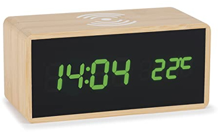 Digital väckarklocka LED-display med trådlös laddning induktiv laddningsfunktion bambufodral – 2602