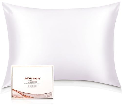Adubor örngott i 100 % mullbärssilke 2-pack för hår och hud med dold dragkedja, båda sidor 23 momme-silke, 900 trådtäthet, 50 x 76 cm, 2 st, vit