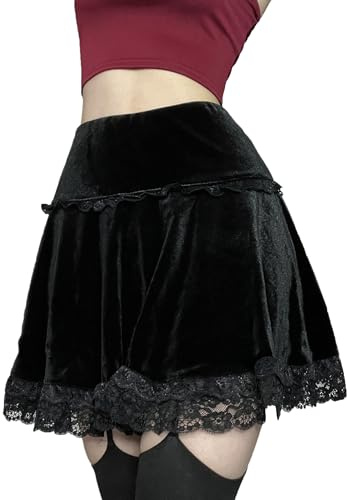 Goth Halloween Skirt Gothic Vintage Lace Velvet Emo Alt Skirt Grunge High Waist A Line lace Mini Skirt