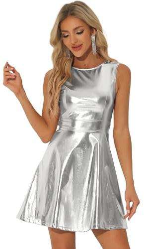 Allegra K Women's Metallic Sleeveless Round Neck High Waist Holographic Flare Dress
