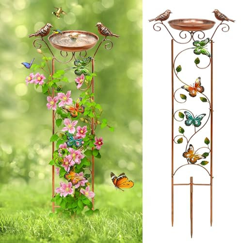 FaloStwer Vogeltränke mit Rankgitter für Kletterpflanzen, Metall Vogeltränke Outdoor Garten Vogeltränke Hohe Vogeltränke mit antikem Eisen abnehmbar (Farbe, Schmetterling)