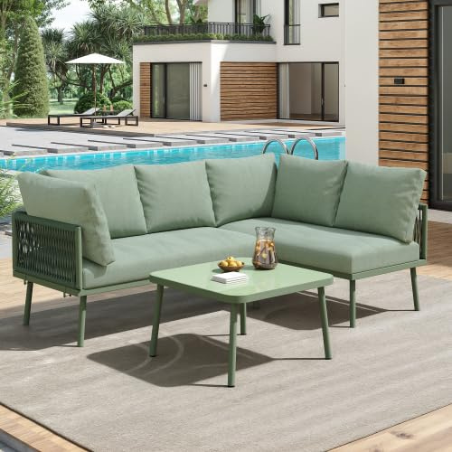 KUAKE Balkonmöbel Gartenmöbel Set mit Sitzkissen und verstellbaren Füßen, 2 Sofas und 1 Tisch Lounge Möbel Outdoor Garten Loungemöbel Set L-förmiges Gartenmöbel-Set Grün Gartenlounge Outdoor (Grün)
