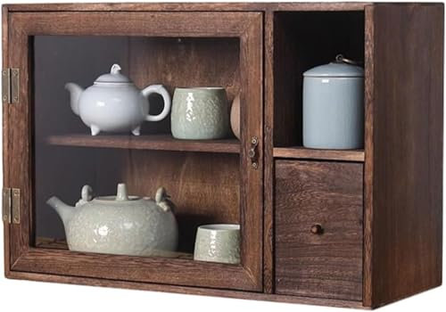 Vetrina da banco in legno massello con cassetti Set da tè retrò e scatola di immagazzinaggio cosmetica per bancone cucina angolo da collezione vetrina