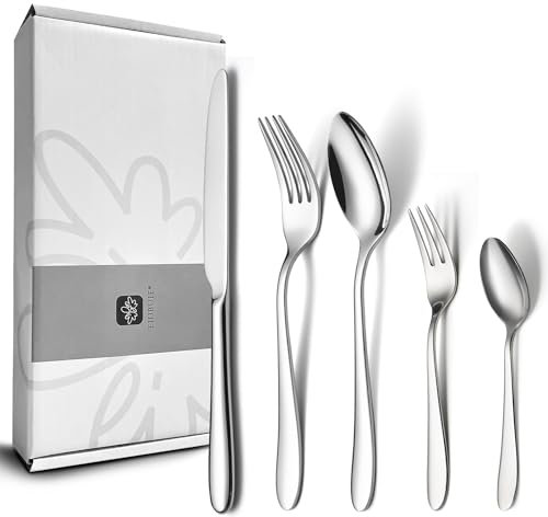 Besteck Set 4 Personen, 20-teiliges Edelstahl Besteckset, Elegantes Essbesteck mit Messer Gabel Löffel, Tafelbesteck Set für Haus/Küche/Restaurant, Hochglanzpoliert, Spülmaschinenfest