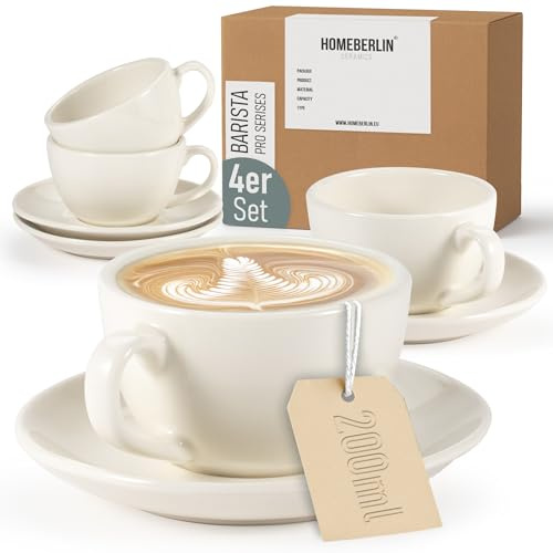 HOMEBERLIN® Barista Pro Cappuccino Tassen Set - 200ml Kaffeetassen Set - Premium Kaffee Tassen Set aus hochwertigem Steingut - Vier Moderne Kaffeetassen mit passenden Untertassen - 100% Handfertigung