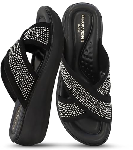 YOKI NOMI-05 Women’s Wedge Sandals with Rhinestone Straps – Bling Sandals, Sparkly Dressy Wedges, Fancy Platform Wedges, Black, 8 UK