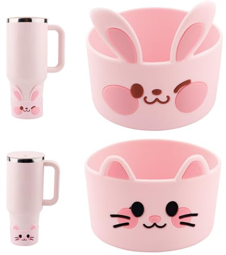 Gosknor 2 Manchon pour Stanley Cup, Manchon en Silicone Motif Chat et Lapin Rose Accessoires Bottes et Bouteilles d'eau pour Bouteille d'eau Stanley Cup 40/30oz