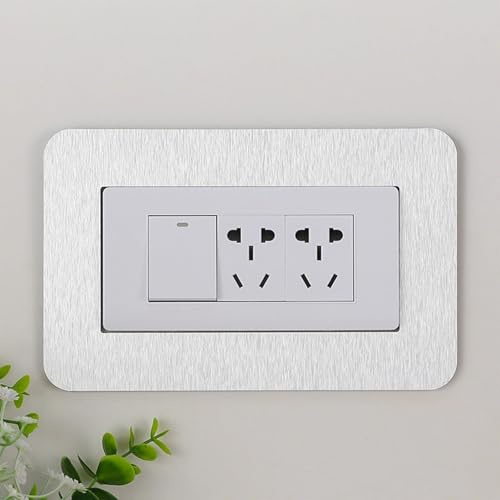 Light Switch Surround,Socket Surround Cover Plate Brushed Silver Adhesive Frame for UK Standard 1 Gang 2 Socket Switches (155x75mm),No Tools Needed,Rental Friendly Wall Protection (1 Pack)
