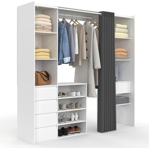 IDMarket - Dressing Extensible Double XXL Meryl 120/180 Blanc et Gris | Avec penderie + 7 étagères + 5 tiroirs + 4 étagères à chaussures + rideau gris