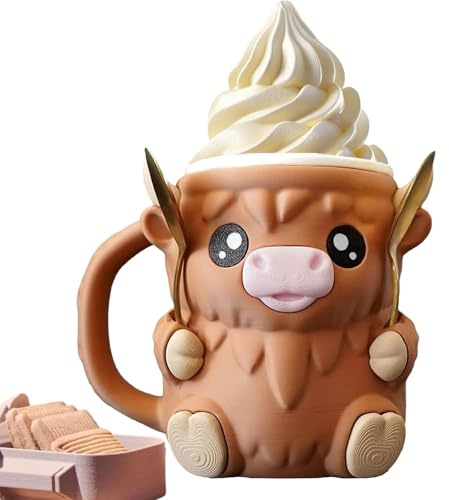 Highland Cow Ice Cream Holder, Ice Cream Pint Holder, Cow ICES Creams Pintss Holders with Handle&Spoon, Insulated Reusable Pints ICES Creams Pints Holder for Gifts (Brown)