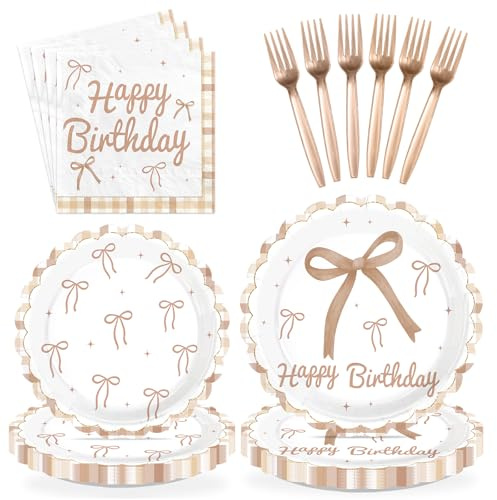 Greencian 96 Pcs Brown Bow Birthday Party Decorations Disposable Brown Plaid Paper Plates and Napkins Vintage Bow Tableware Set for Boys Girls Birthday Party Baby Shower Supplies, Serves 24