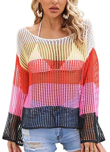 TOWARDSNAN Top da donna in rete all'uncinetto, a maniche lunghe, traforato, maglione lavorato a maglia, copricostume da spiaggia trasparente per gonna da donna
