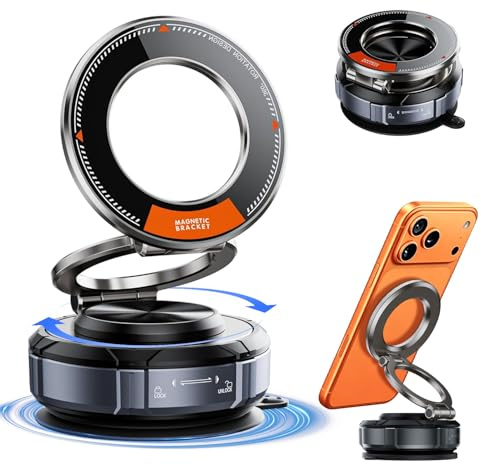 Magnetic Car Phone Holder Compatible with MagSafe, 2800gf Vacuum Suction Cup Car Mount, 360° Rotatable Dashboard & Windscreen Phone Holder for iPhone 17/16/15/14/13/12, Samsung, Pixel, Android