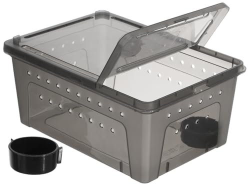 jojofuny Reptile Tank Terrarium with Feeder for Snail Gecko Tarantula Enclosure, Black Plastic Faunarium Habitat House, Portable Breeding Feeding Box for Snake Spider Tortoise