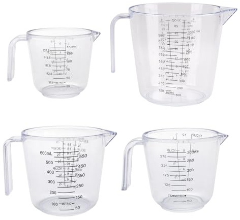 Juego de 4 Jarra Medidora, Jarras Graduadas con Asa, Báscula Precisa, 150ml/300ml/600ml/1000ml, Transparente, Sin BPA, Resistencia al Calor, para Cocina y Laboratorio