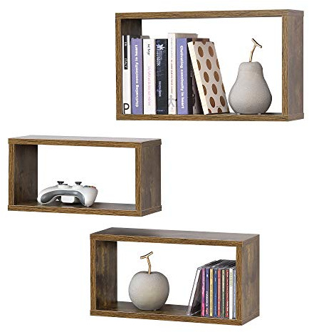 Juego de Estanterías para Pared Mandal Set de 3 Unidades en Diferentes Medidas Estantes Flotantes Decoración de Salón o Dormitorio Efecto Madera Oscura