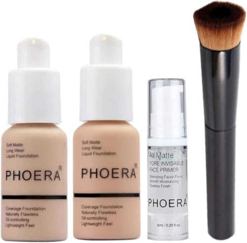 Phoera Foundation Full Coverage Make-up-Set – enthält Nude & Warm Peach 30 ml Matte Foundation, 6 ml Gesichtsprimer und flüssiger Foundation-Pinsel für einfache Anwendung