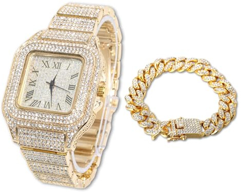 HALUKAKAH Diamanti Orologio Oro, Uomo Placcato Oro Reale 18K 40MM Largo Quadrato Componi Quarzo Cinturino 24cm con Link Cubano Catena 20cm Bracciale Set, con Scatola Regalo