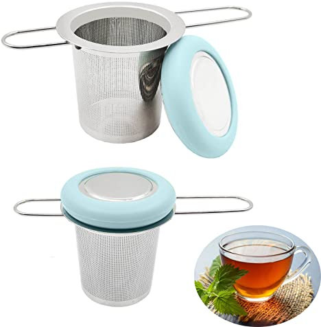 HSimpleStyle Infusore per tè – Diffusore per tè a foglia sciolta (2 picchi) in acciaio inox con manici pieghevoli, setacci per tè sfuso, erbe e caffè (2 blu)