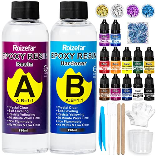 Roizefar Epoxidharz-Set für Anfänger 380 ml, Beschichten und Gießen, Untersetzer mit Folienflocken, Harz-Farbpigment, Pailletten für Kunst, Handwerk, Schmuckherstellung, Flusstisch