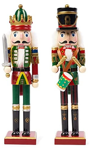 KAHEIGN 2Pcs Wooden Nutcracker Soldiers, 2 Style 30CM Christmas Traditional Nutcracker Figures Premium Pine Wood Painted Soldier for Home Fireplace Christmas Tree Party Decoration (Drum & Sword)