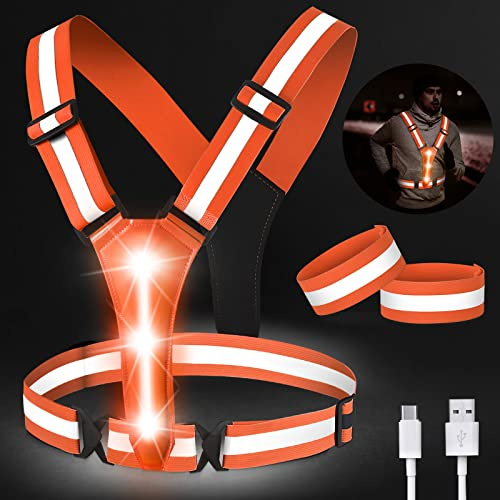 Chaleco Reflectante Bicicleta LED Recargable, Chalecos Reflectantes Seguridad con Ajustable, Chaleco Reflectante para Niños con 2 Bandas Reflectantes para Ciclismo, Carrera, Trotar por la noche