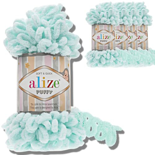 Alize 5 x 100 g puffy turkisk ull, superBulky chenillegarn, gosigt mjukt babyull, handstickgarn för virkning, mjukt chenillegarn, XXL-nystan för amigurumi (vattengrön | 15)