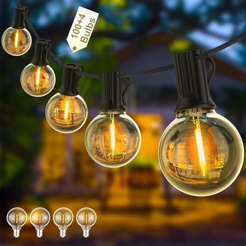 Yuusei Festoon Lights Outdoor 200FT, Outdoor Lights Mains Powered Waterproof with 100+4 Shatterproof Plastic LED G40 Bulbs for Outside Garden, Party, Patio, Wedding, Party, Terrace