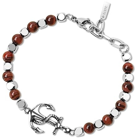 GAVU Bracciale di Perline da Uomo con Pietra Naturale Occhio di Tigre Rosso e Pepite Quadrate di Acciaio Inossidabile e Charm Ancora