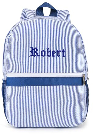 MT WORLD Toddler Backpack Personalized Daycare Backpack for Little Boys 2-4 Seersucker Kids Backpack Preppy Preschool Packpacks Kids Bookbags for Daily School Birthday Gifts (Blue)