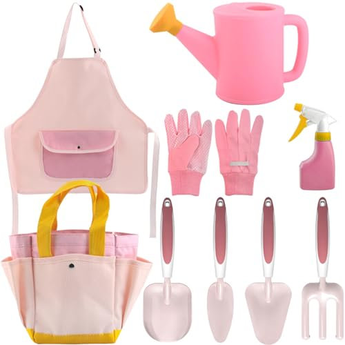 Kids Gardening Set, Kinder Gartenwerkzeuge 9PCS Kleinkind Gartenset umfassen Wässern, Handschuhe, Schaufel, Rechen, Garten -Tasche, Schürze, Sprühgerät, Kindergartenwerkzeuge für Jungen Mädchen Gesch