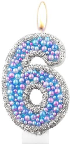 Macaron 6th Birthday Candles,Purple Blue Number 6 Candle for Cake, Color Pearl Candles, Macaron Themed Birthday Decorations, Sparkler Birthday Candle Cake Topper for Girls Boys Birthday Party Supplies