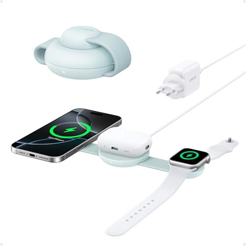 Anker MagSafe Compatible 3-in-1 Wireless Charging Station, Qi2 Certified 15W MagGo Charger, Foldable Travel Wireless Charging Pad for iPhone 16/15/14/13/12 Series, AirPods, Apple Watch, and More