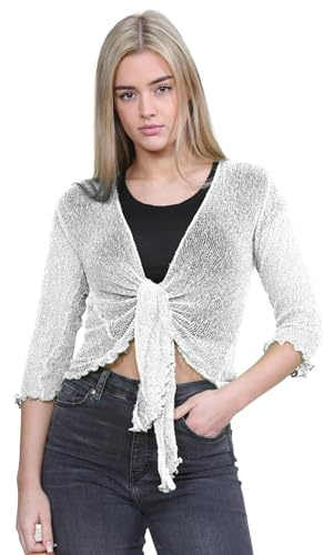 janisramone® Women s Shrugs, Double Fine Knit 3/4 Sleeve Tie Front Top, Bolero Cardigans for Women, Stretchy Cropped Cardigan, Lightweight Summer Shrug, Ladies Evening Tops White