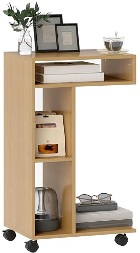 HOMCOM Mesa Auxiliar Multifuncional en Forma de C Mesa Auxiliar para Sofá con Ruedas Compartimentos Abiertos para Sofá Salón Dormitorio Oficina 40x30x69 cm Roble