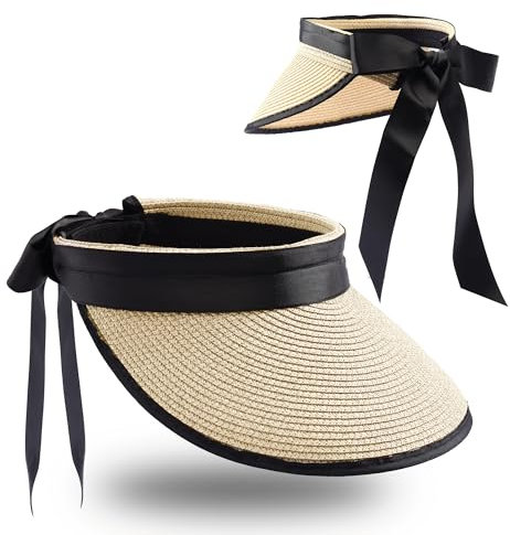 JJDreams Faltbare Sommerhut Strohhut mit Klettverschluss und Schleifeband Bowknot Visor Cap Schildkappe Baseball Kappe Sonnenschild für Damen,Beige