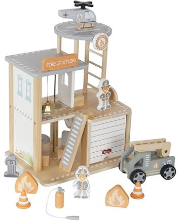 HYGRAD® Wooden Fire Station Play Set - Fire Station with Helicopter Landing Area, Fire Engine, Helicopter, 2 Figures & Accessories