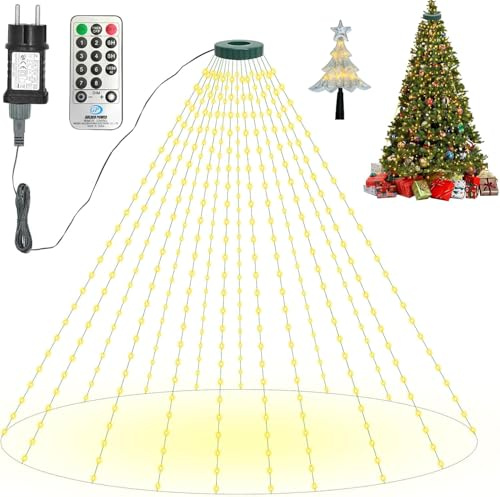 Guirlande Lumineuse pour Sapin de Noël avec anneau et étoile, 400 LEDs Éclairage pour sapin de Noël 2 m x 16 fils pour Arbre 150 à 240cm - IP65 Étanche - 8 Modes, Minuterie, Mémoire - Blanc Chaud