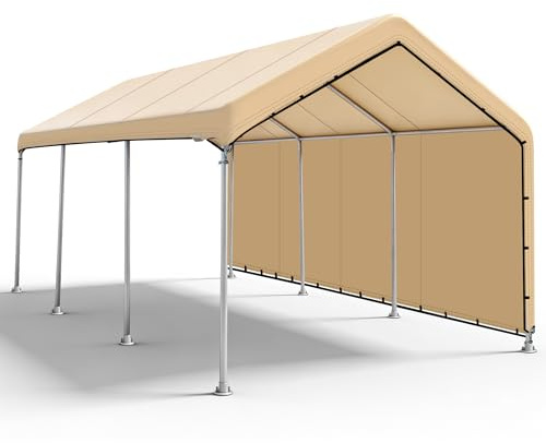 SIHAIAN 10 x 20 Ft Carport Replacement Canopy Cover with Sidewall(No Frame) Easy to Set up Carport Canopy, 500D Heavy-Duty Garage Top Tent Tarp Waterproof and UV Protected (Only Canopy Cover) Beige