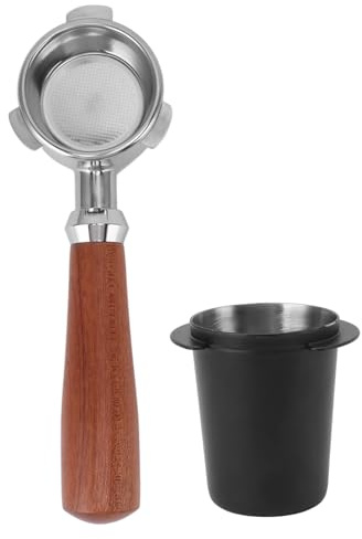 Portafiltro senza fondo in acciaio inox, portafiltro nudo senza fondo per macchina da caffè espresso, con coppa raccoglipolvere e impugnatura in mogano, accessori per macchina da (Nera)