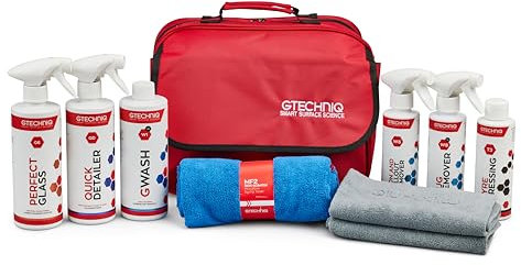 Gtechniq Essential Maintenance Kit - Includes GWash, Quick Detailer, Tyre Dressing, Zero Scratch Microfiber Drying Towel, ZeroR Buff Cloth, Bug Remover, Fallout Remover, Perfect Glass Branded Kit Bag
