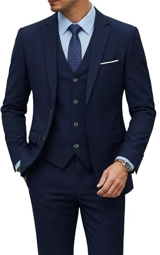 MrSure Men’s 3 Piece Suit Blazer, Slim Fit Tux with 2 Button, Jacket Vest Pants & Tie Set for Party, Wedding and Business, Deep Blue, XL