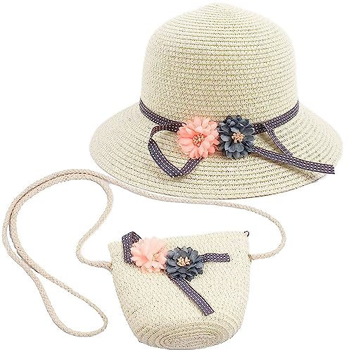 Integrity.1 Kleine Umhängetasche für Mädchen,Mädchen Strohhut Anzug,Sommer Blumen Sonnenhut,Blume Visier Sonnenhut,Kinder Strohhut und Kleine Tasche(Milchig Weiß)