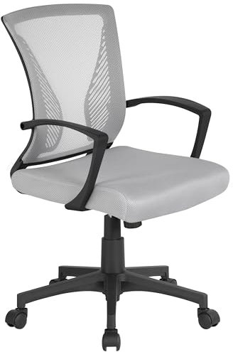Yaheetech Adjustable Desk Chair Executive Computer Office Chair Ergonomic Swivel Mesh Chair with Comfy Lumbar Support and Arms for Home Light Grey