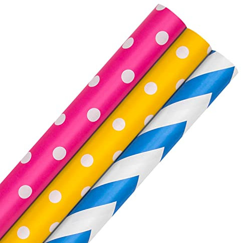 Hallmark Geschenkpapier Roll Wrap, 3 Stück, 3 Farben, Rosa, Gelb, Blau, Polka Dot und Zickzack, je 2 m