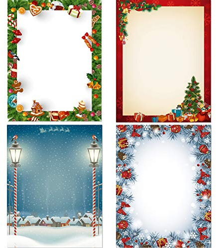 60 Pieces Christmas Letter Paper Stationery Holiday Letterhead Christmas Stationery Sheets for Notes Wedding Invitations Greeting Cards, 8.5 x 11 Inch, 4 Designs
