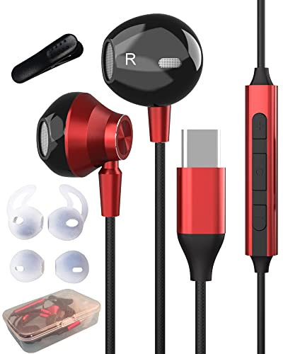 Écouteurs USB C, Ecouteur USB C Magnétiques Stéréo Filaire Écouteur Type C avec Microphone pour Samsung Galaxy S22 S21 FE S20 Ultra A53 Huawei P40 P30 P20 Pro Oneplus 9 8t 7 Pixel Xiaomi (Rouge)