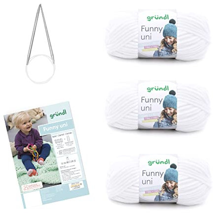 Gründl Wolle Funny uni - weiche Chenille Wolle mit Nadel und Anleitung für eine Babydecke - Kuschelig und hautfreundlich - 100% Polyester - 3 Knäuel 100 g / 120 m - Nadelstärke 5-6, weiß