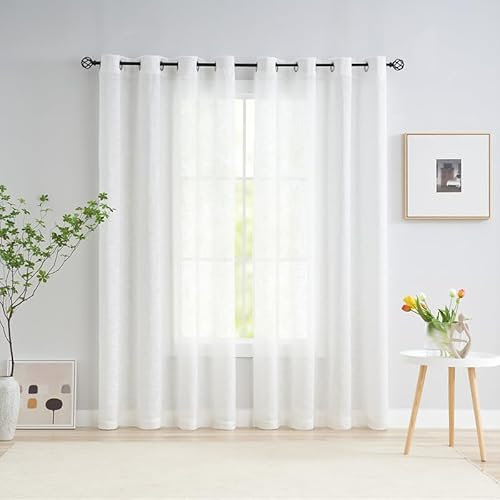 Treatmentex Visillos Salon Translúcidos y Cortinas Dormitorio, Cortinas Salon 2 Piezas 136x225cm, Textura Lino Blanco Transparente con Ojales para Oficina​